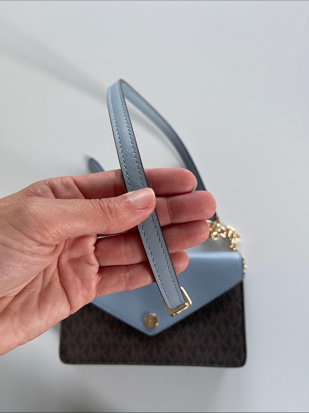 Michael Kors Two-Tone Envelope Crossbody in Light Blue and Brown - Picture 6 of 13